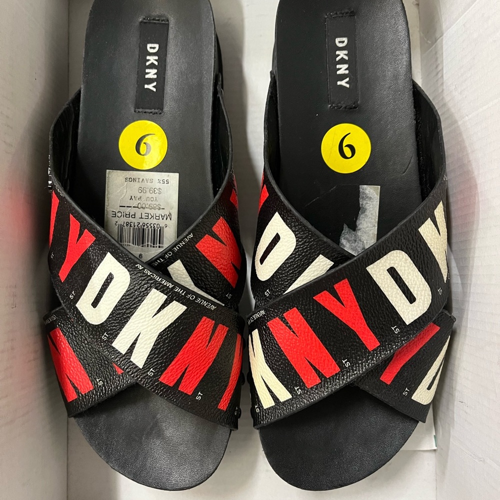 DKNY Black and Red Logo Slide Sandals